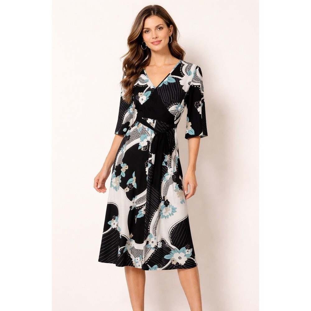 Style & Co Black Floral Faux Wrap Dress Tie Waist Stretch Size S